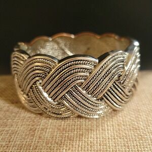Braided Cable Hinged Cuff Silver Tone Bangle Statement Bracelet Size 7.25